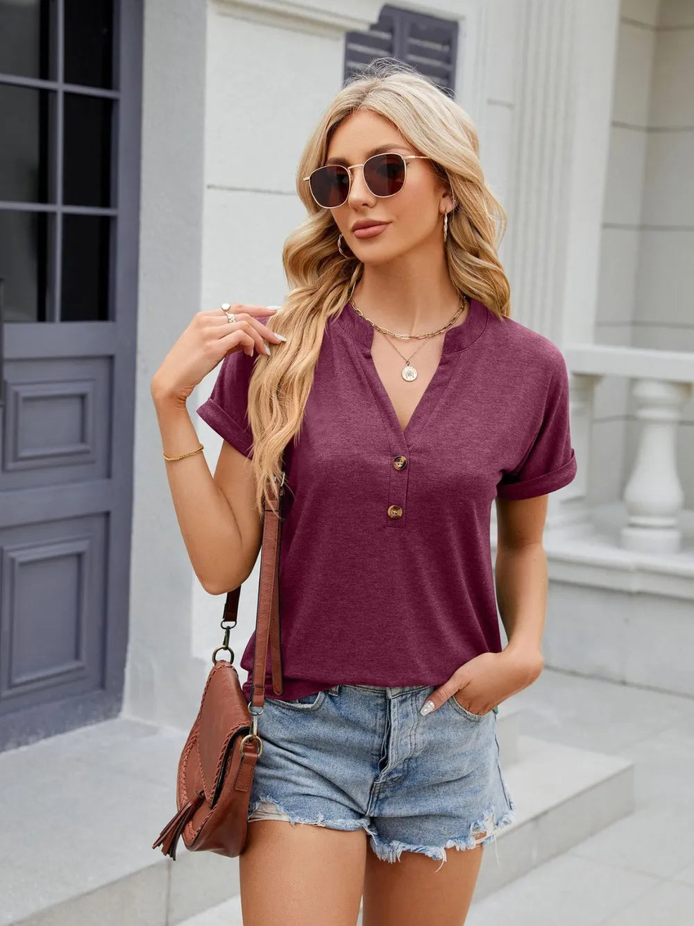 Notched Short Sleeve T-Shirt